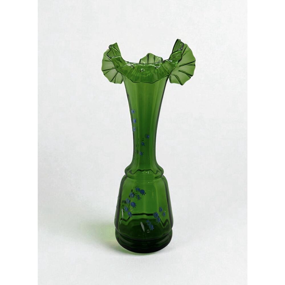 Antique Ruffled Neck Bohemian Emerald Green Glass Hand Painted Vase 10.5"